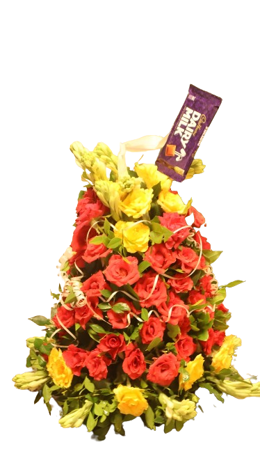 Table Basket Red & Yellow Rose With Chocolate