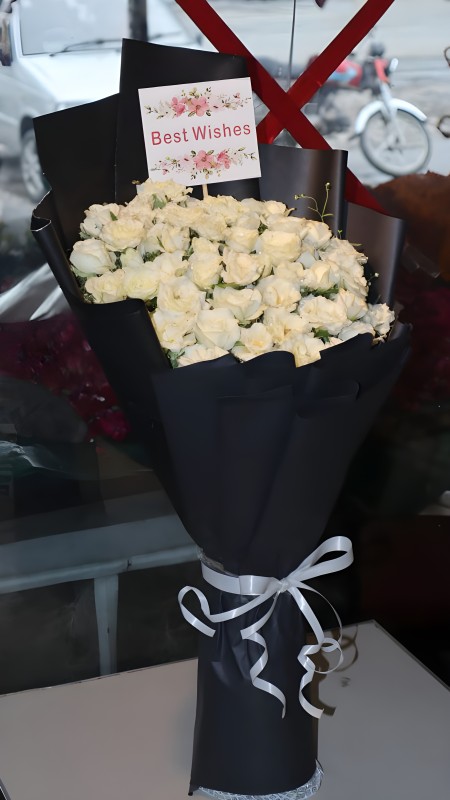 White  Rose bouquet in Black Paper(Best Wishes)