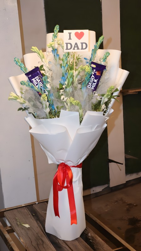 White & Sky Blue Glad Bouquet with Chocolate(I Love Dad)