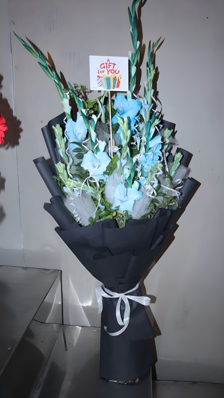 Red Rose & Sky Blue Glad Bouquet(Gift For You)