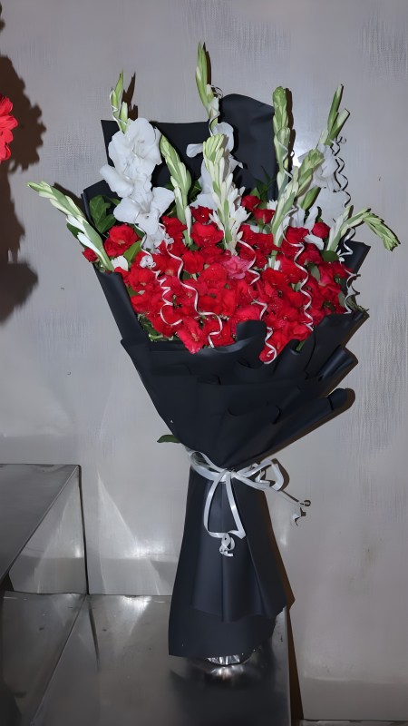 Red & White Glad Bouquet in Black Paper